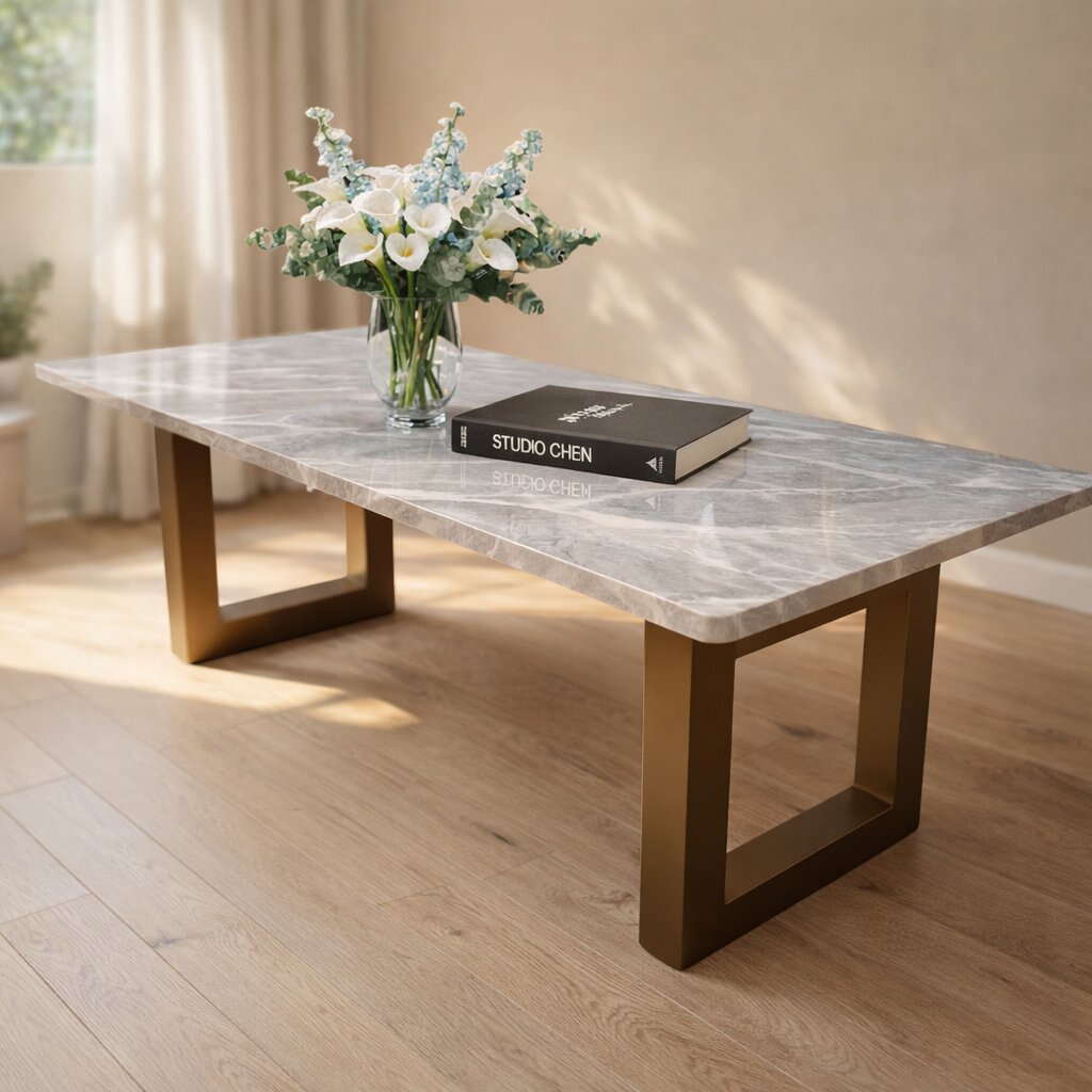 A custom marble table styled with a book and a vase of white flowers