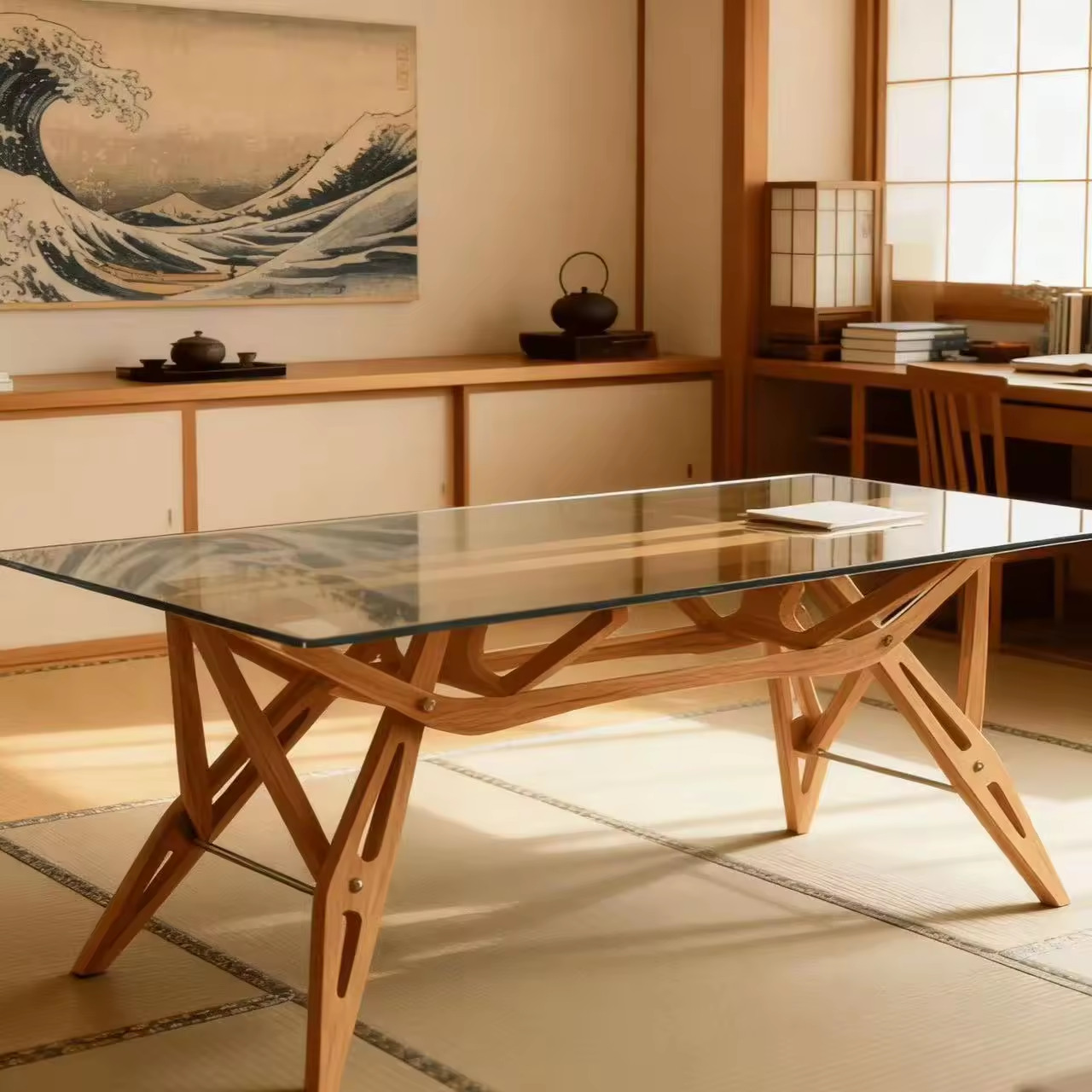A custom wood-and-glass dining table in a sunlit room